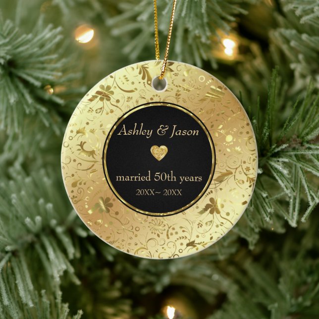 Gold Damask And Heart Ceramic Ornament (Tree)