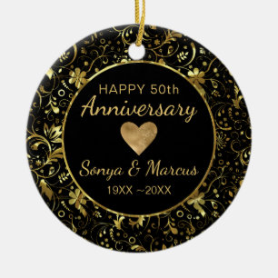 Gold Damask And Heart Ceramic Ornament