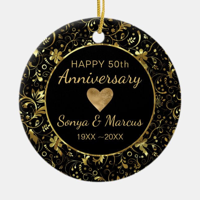 Gold Damask And Heart Ceramic Ornament (Front)