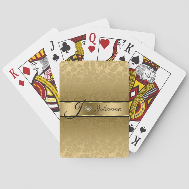 Gold Damask And Heart Playing Cards (Back)