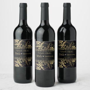 Gold Damask And Lace Wedding Anniversary Wine Label