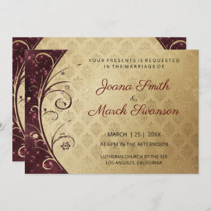 Gold Damask And Purple Swirls Wedding Invitation