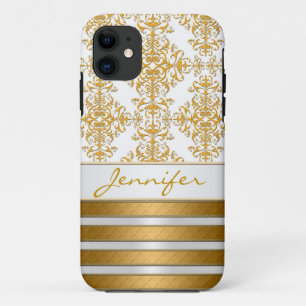 Gold Damask and Stripes Personalised iPhone 11 Case