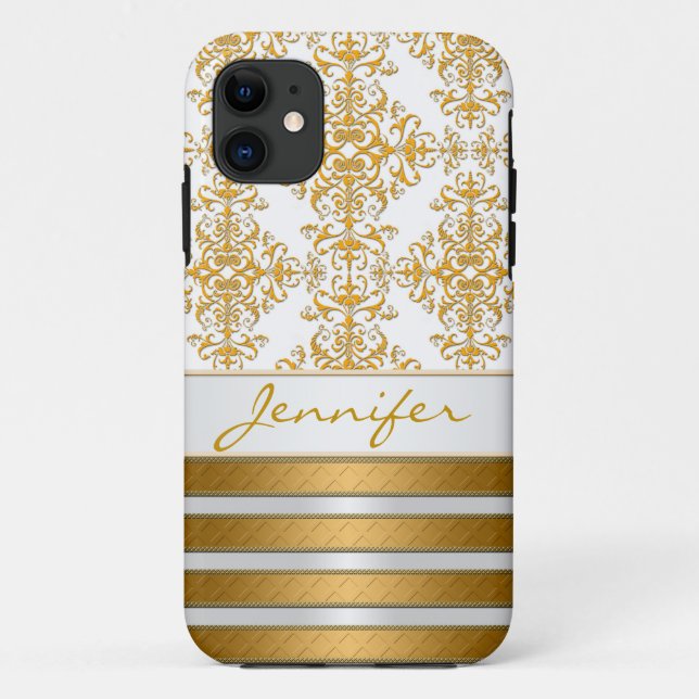 Gold Damask and Stripes Personalised Case-Mate iPhone Case (Back)