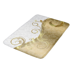 Gold Damask And Swirl And White Damask Bath Mat