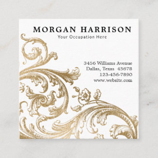 Gold Damask Baroque Swirl Square Business Card