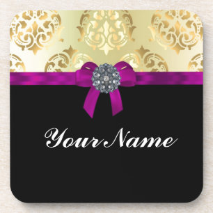 Gold damask & black personalised coaster