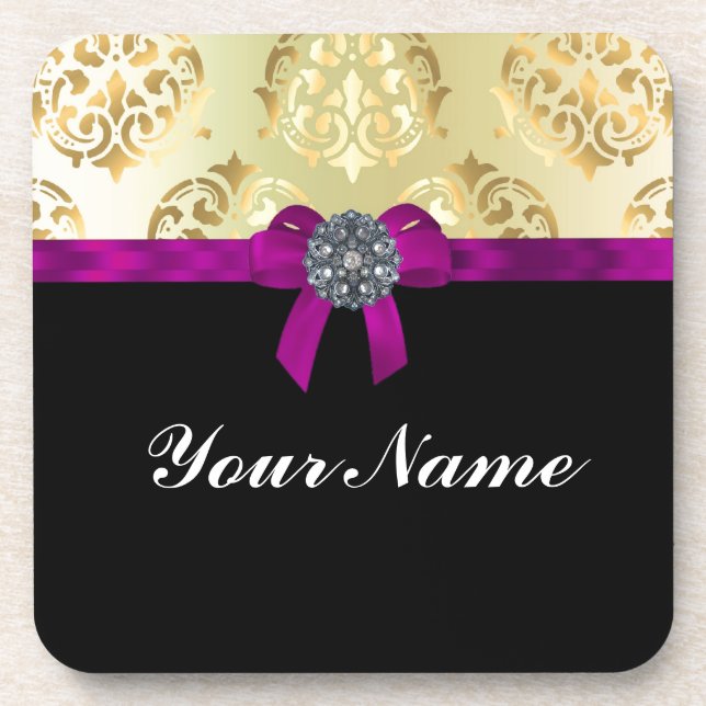 Gold damask & black personalised coaster (Front)