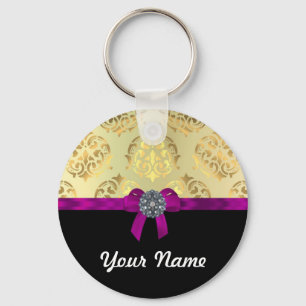 Gold damask & black personalised key ring