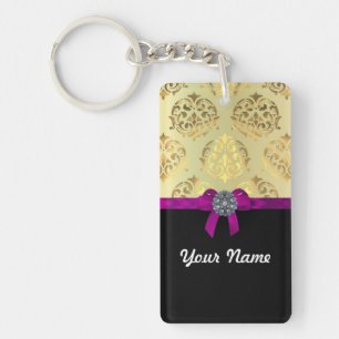 Gold damask & black personalised key ring