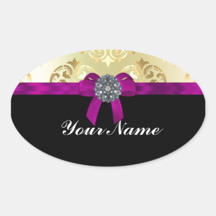 Gold damask & black personalised oval sticker