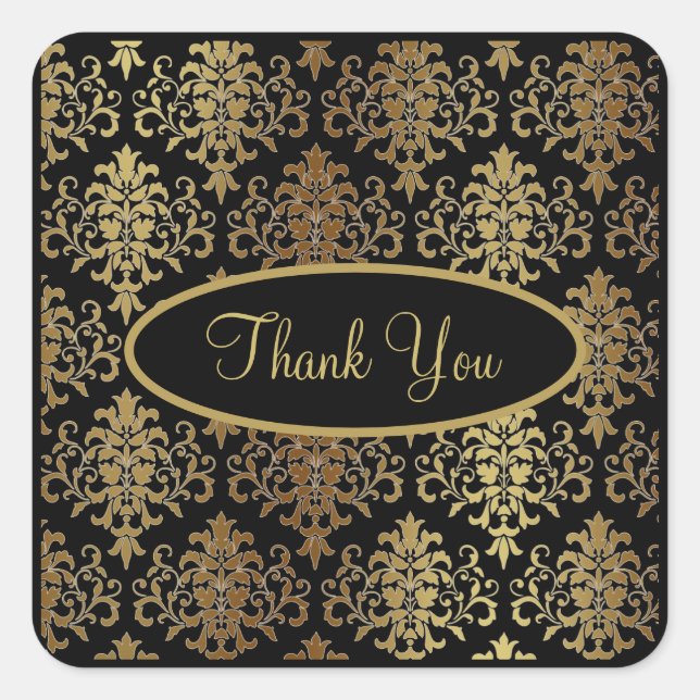 Gold Damask Black Script Wedding Elegant Thank You Square Sticker (Front)
