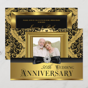 Gold Damask Bow Photo 50th Wedding Anniversary 3 Invitation