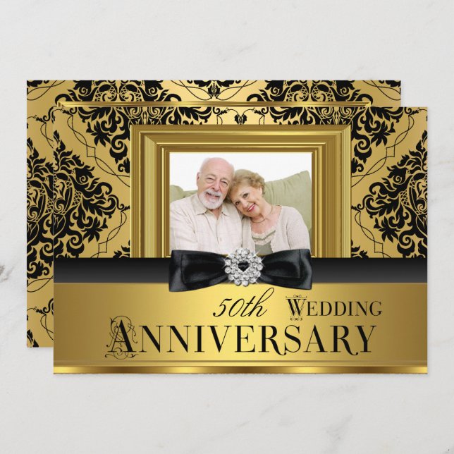 Gold Damask Bow Photo 50th Wedding Anniversary 3 Invitation (Front/Back)