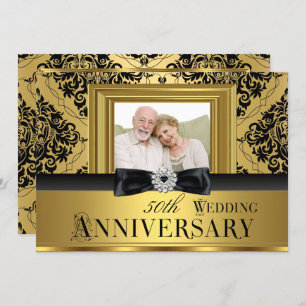Gold Damask Bow Photo 50th Wedding Anniversary 3 Invitation