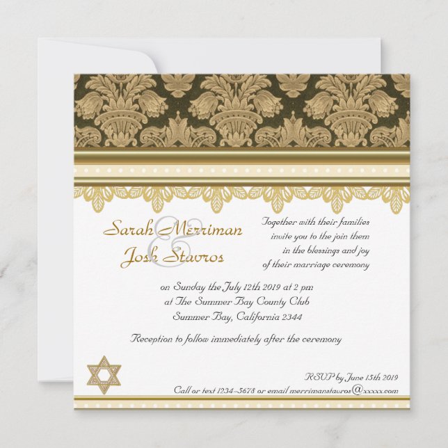 Gold Damask Brocade Jewish wedding Invitation (Front)