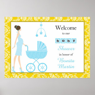 Gold Damask Brunette Expecting Boy Baby Shower Poster