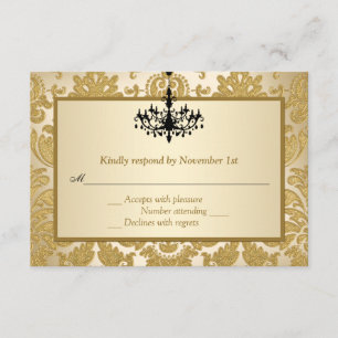 Gold Damask, Chandelier Anniversary Reply Card