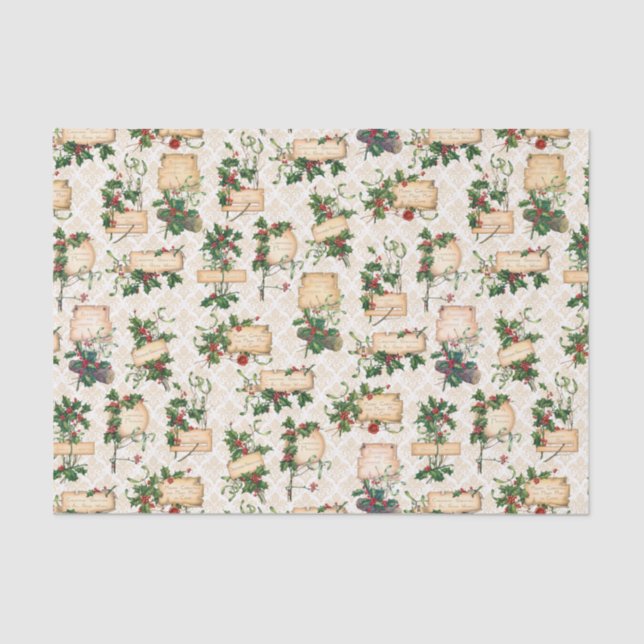 Gold Damask, Christmas Greetings & Vintage Holly Tissue Paper (Front)