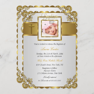 Gold Damask Cross Photo Baptism Christening Invitation