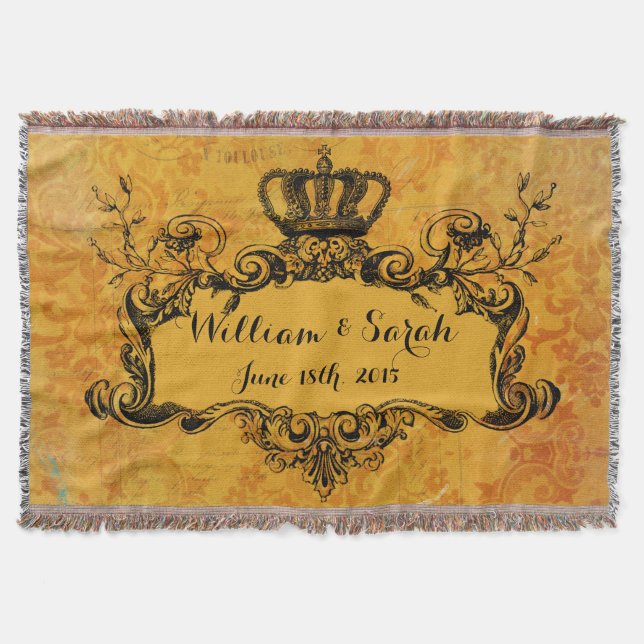 Gold Damask Custom Wedding Royal Crown Throw Blanket (Front)