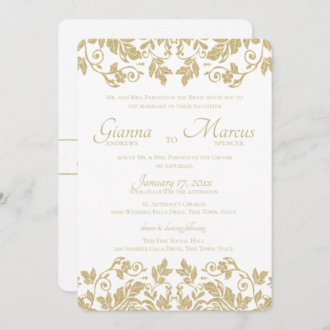 Gold Damask Emblem Wedding Invitation (Front/Back)