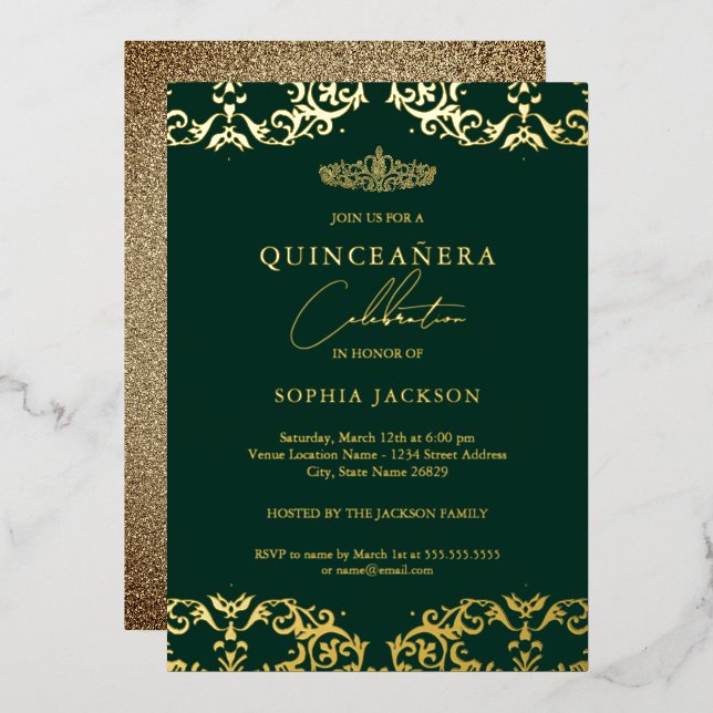 Gold Damask Emerald Quinceanera 15th Birthday  (Front/Back)