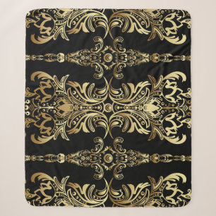 Gold Damask, Floral Arabesque Pattern. Sherpa Blanket