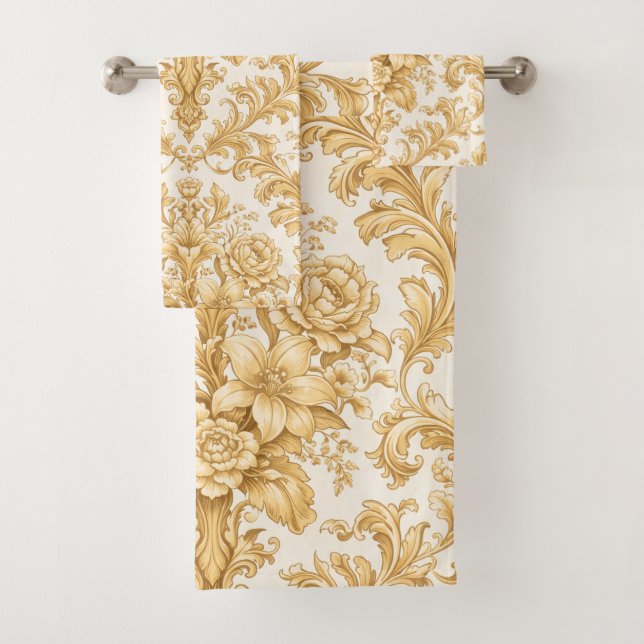 Gold Damask Floral Bath Towel Set (Insitu)