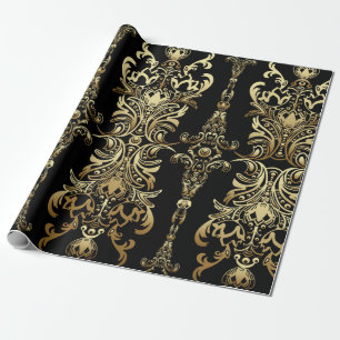 Gold damask floral seamless pattern with arabesque wrapping paper