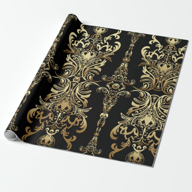 Gold damask floral seamless pattern with arabesque wrapping paper (Unrolled)