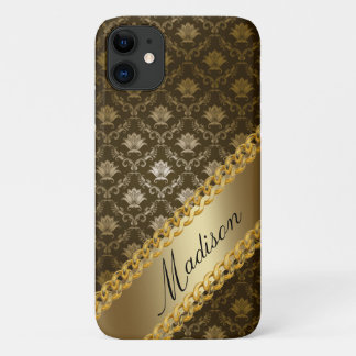 Gold Damask Girly Shiny Elegant Personalise Name iPhone 11 Case