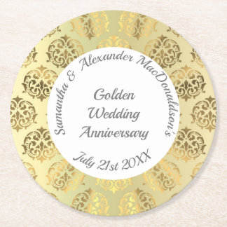 Gold damask golden wedding anniversary round paper coaster