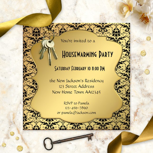 Gold & Damask Housewarming Party Invitation (Elegant housewarming party invitation with a gold and damask patterned background with keys)