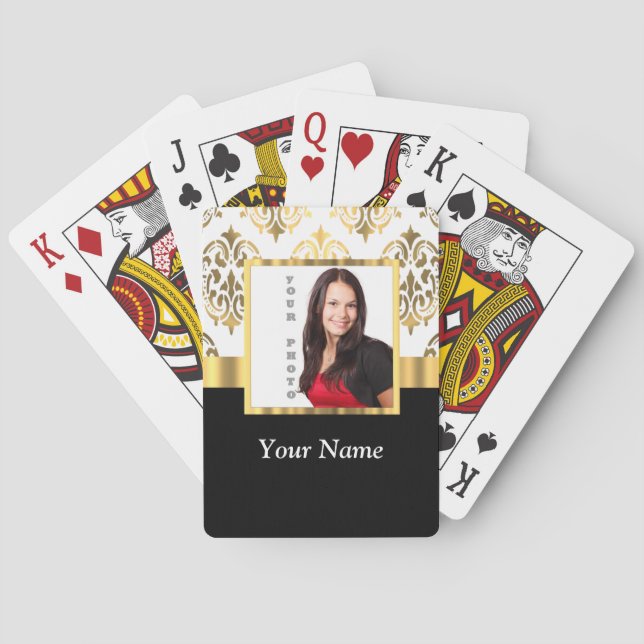 Gold damask instagram photo template playing cards (Back)