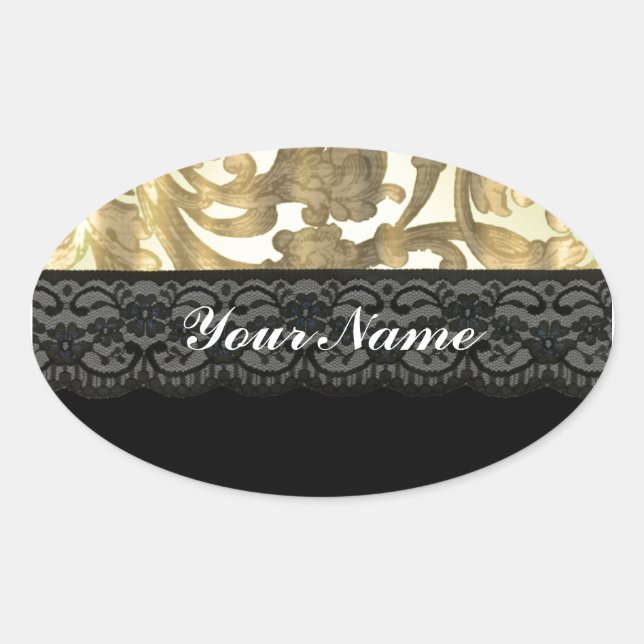 Gold damask & lace oval sticker (Front)