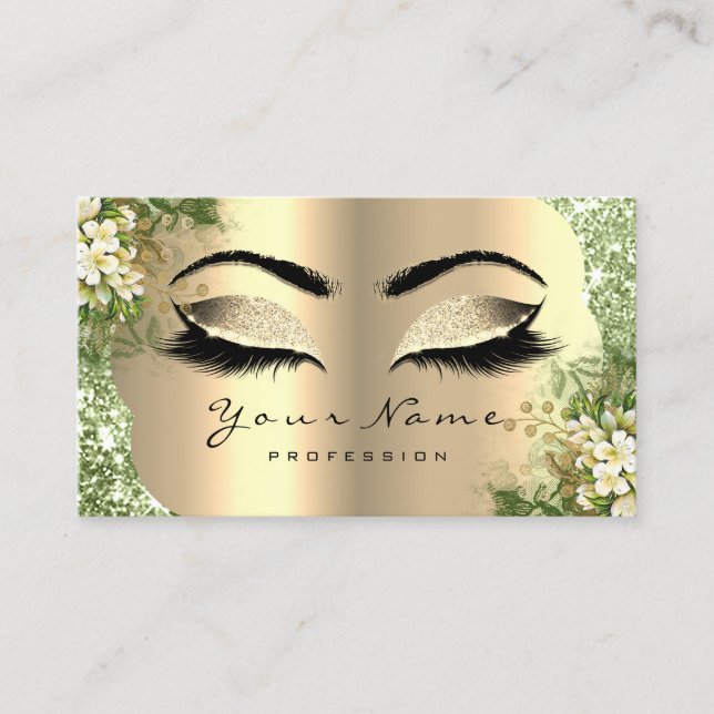 Gold Damask Makeup Artist Lashes Floral Greenery Business Card (Front)