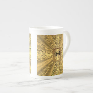 Gold damask monogram bone china mug