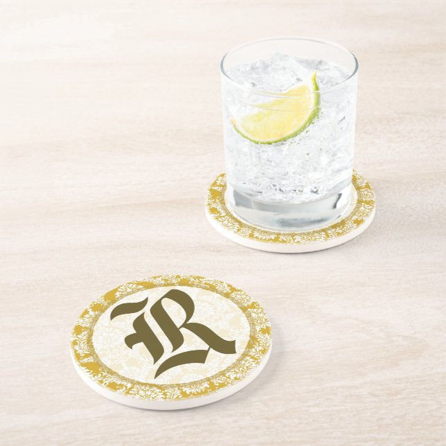 Gold Damask Monogram Wedding Anniversary Coasters (Side)