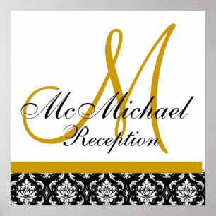 Gold Damask  Monogram Wedding Reception Poster