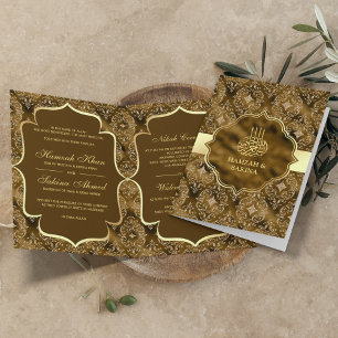 Gold Damask Moss Brown Islamic Muslim Wedding Invitation