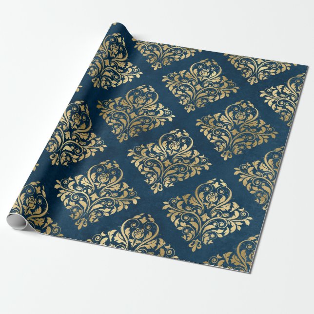 Gold Damask on Blue Wrapping Paper (Unrolled)