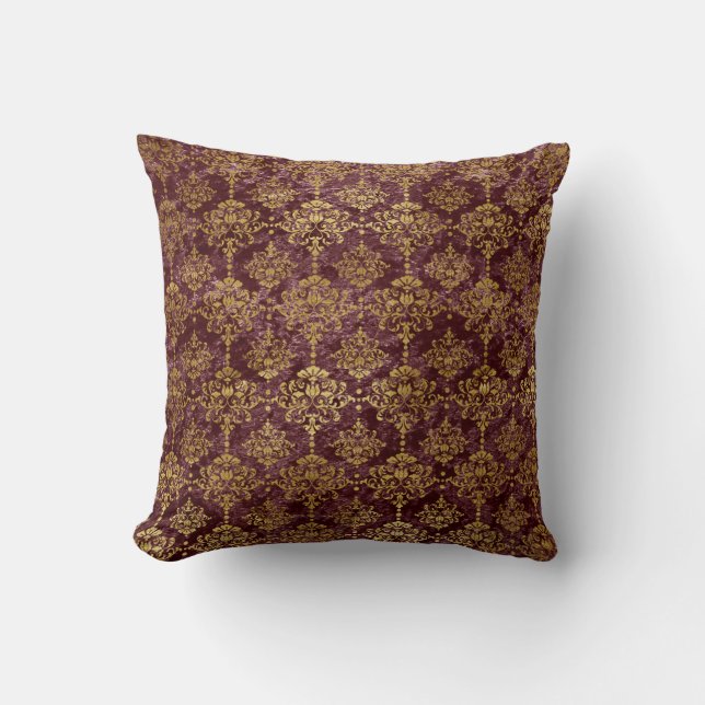 Gold Damask on Burgundy Background Cushion (Front)