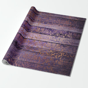 Gold Damask on Purple Wood Wrapping Paper