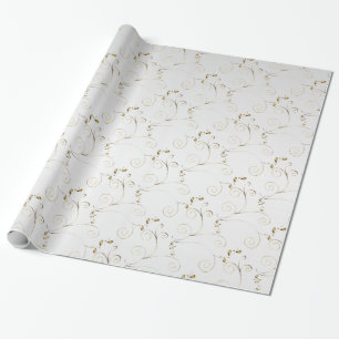 Gold Damask on White Faux Satin   Wedding Wrapping Paper