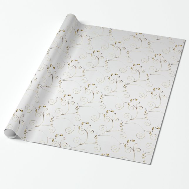 Gold Damask on White Faux Satin | Wedding Wrapping Paper (Unrolled)