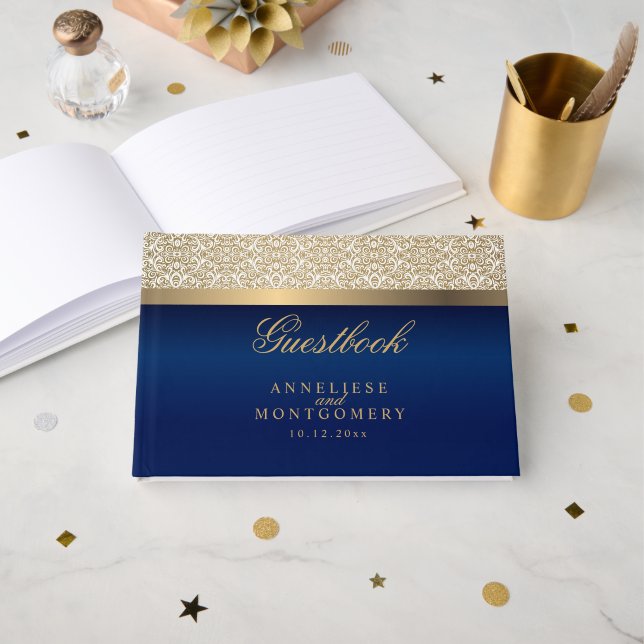 Gold Damask Pattern and Navy Blue Guest Book (Front Open)