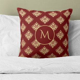 Gold Damask Pattern Monogram on Red Cushion