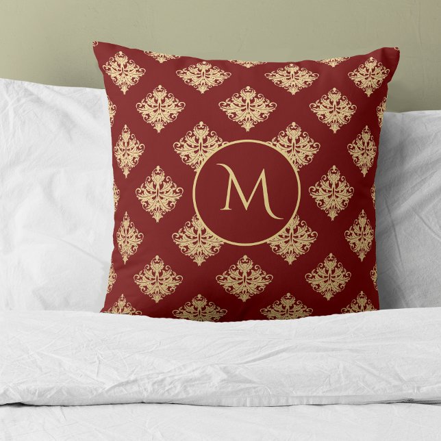 Gold Damask Pattern Monogram on Red Cushion (Creator Uploaded)