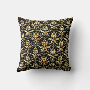Gold Damask Pattern on Black Cushion